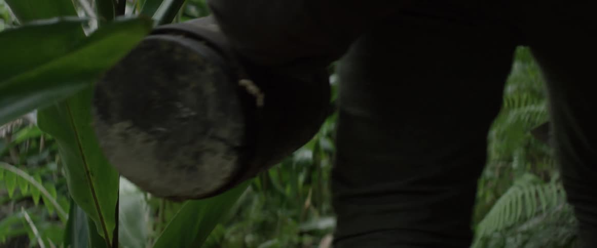 A man carries a machete and large hammer through thick brush