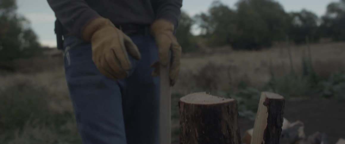 Person chops a log in half and throws the halves on a pile