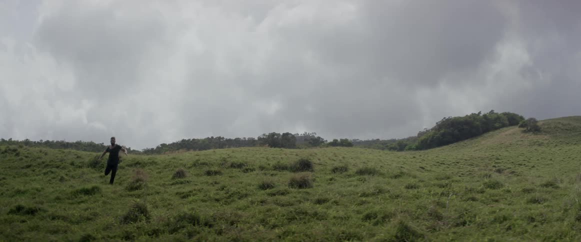 A man in tattered clothing is running away across a hillside