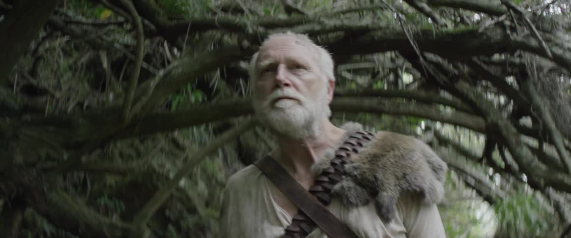 A man carrying a machete walks beneath a canopy of branches during the day