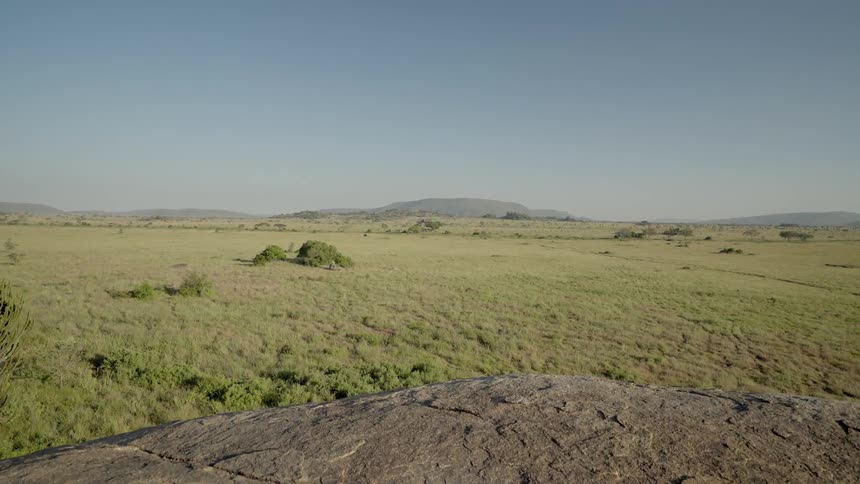 A savanna stretches toward hills beyond a boulder during the day
