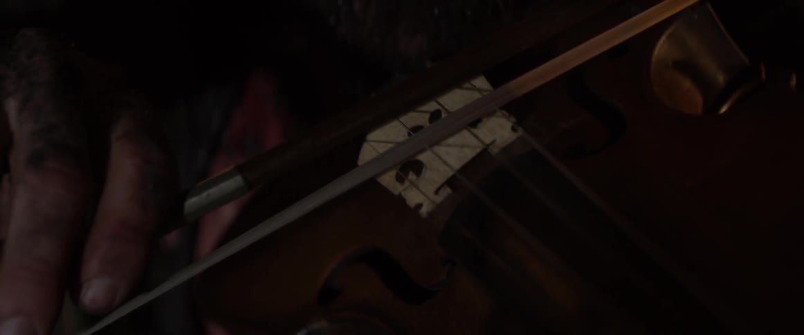 Extreme close up of a bow gliding across the strings of a musical instrument