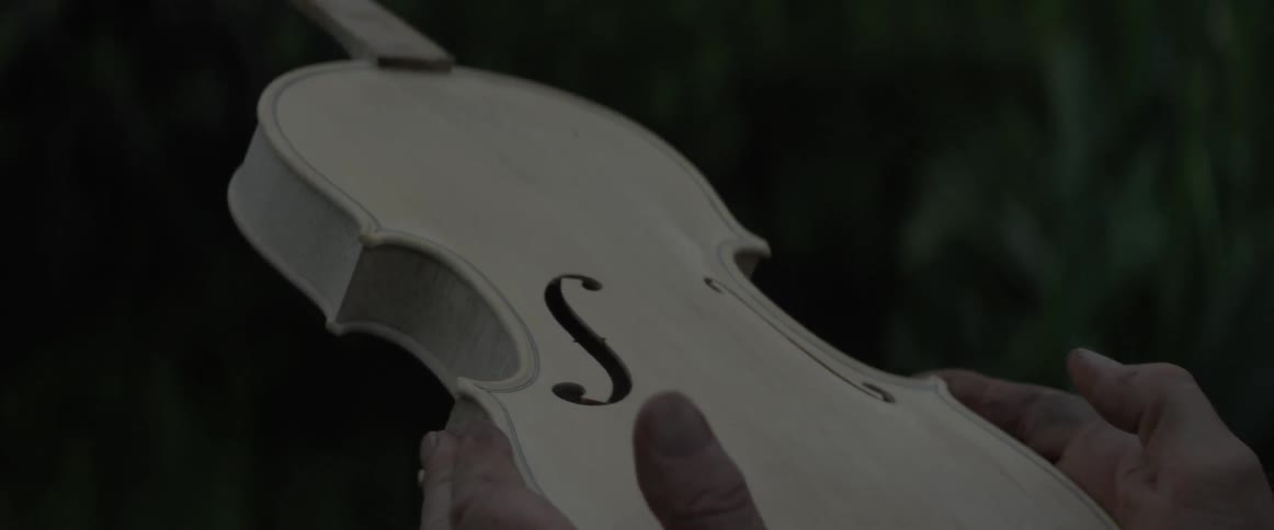 A man examines an unfinished violin