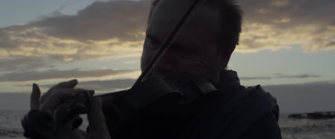 A man plays a violin on the beach shoreline