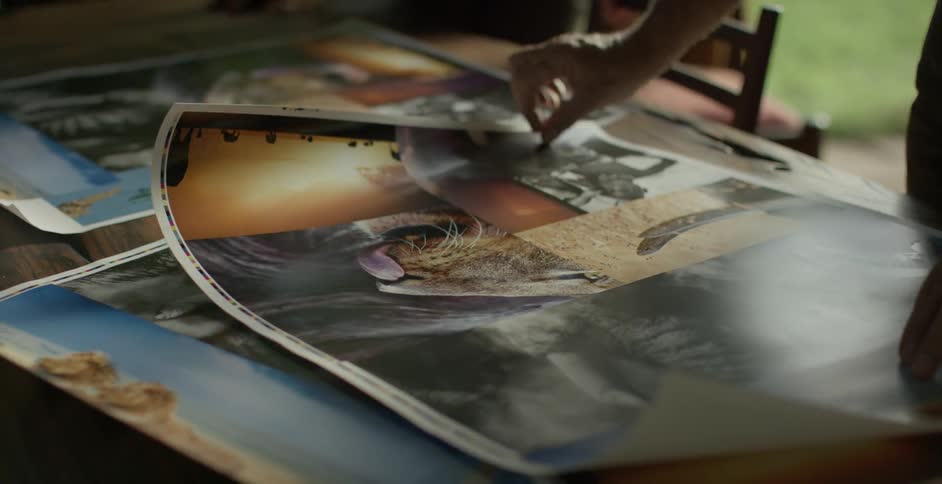 A poster of a collage of photos is unrolled on a table