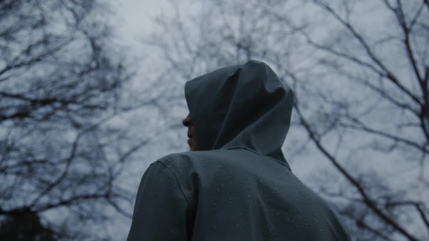 Hooded person stands in the woods on a cloudy day