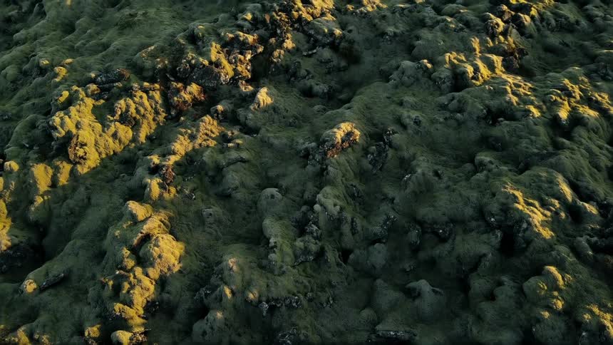 Sunlight shines down on the rocky and bumpy ground in iceland lava field