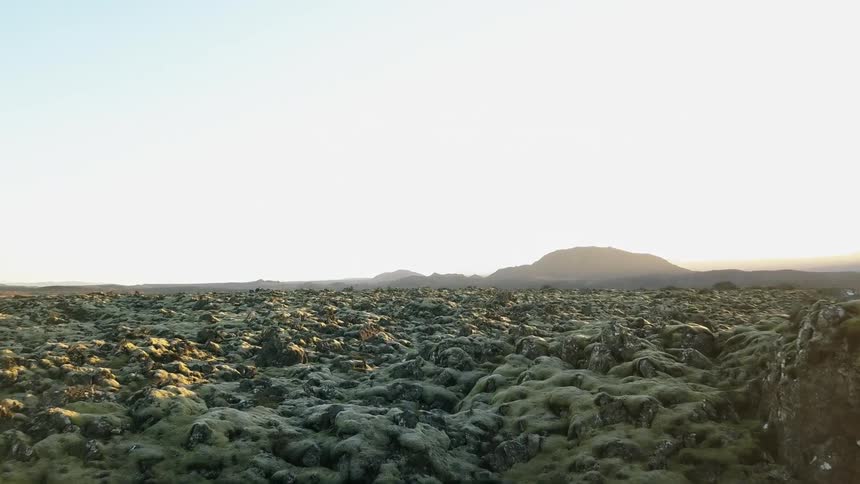 lava covered land with sun shining on it in Iceland