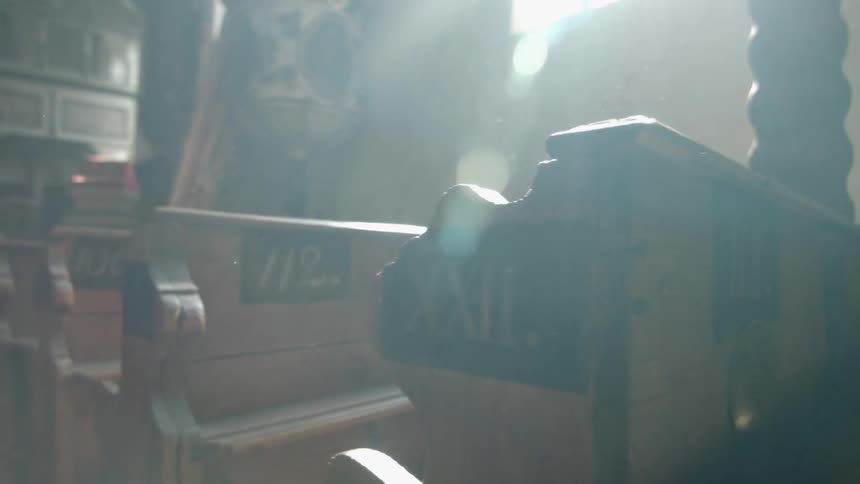 Church pews on a sunny day