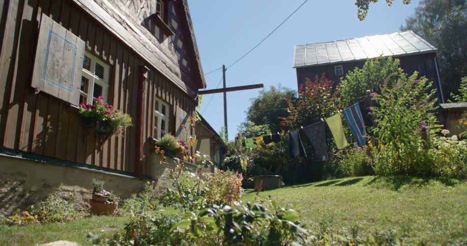 Laundry dries on a clothesline on a sunny day