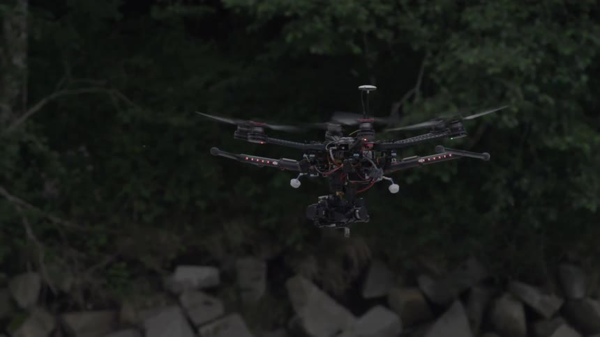 A drone flies moving forward slowly