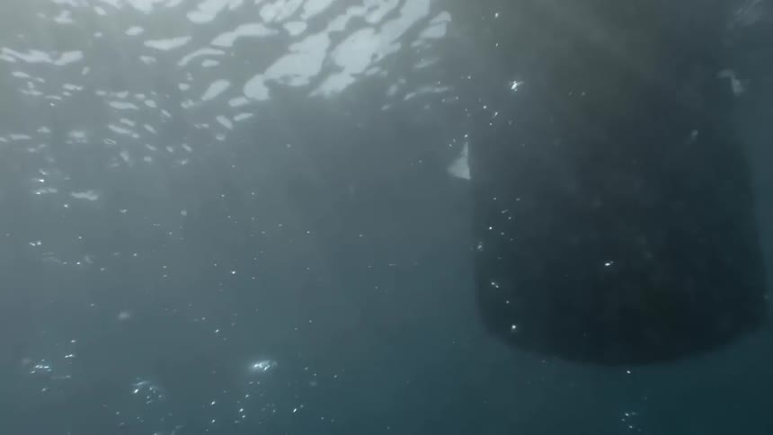 Underwater view of a paddle splashing into the water