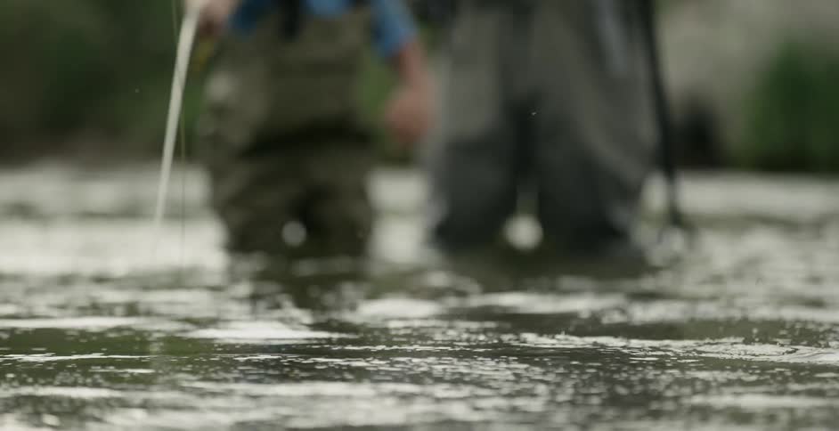 Two people fly fish in a river