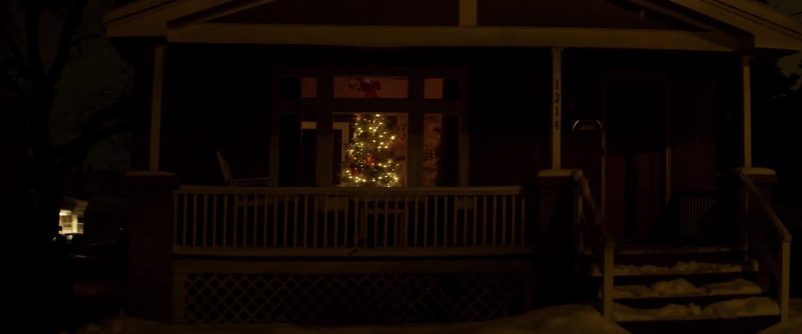 A christmas tree is seen through a living room window at night