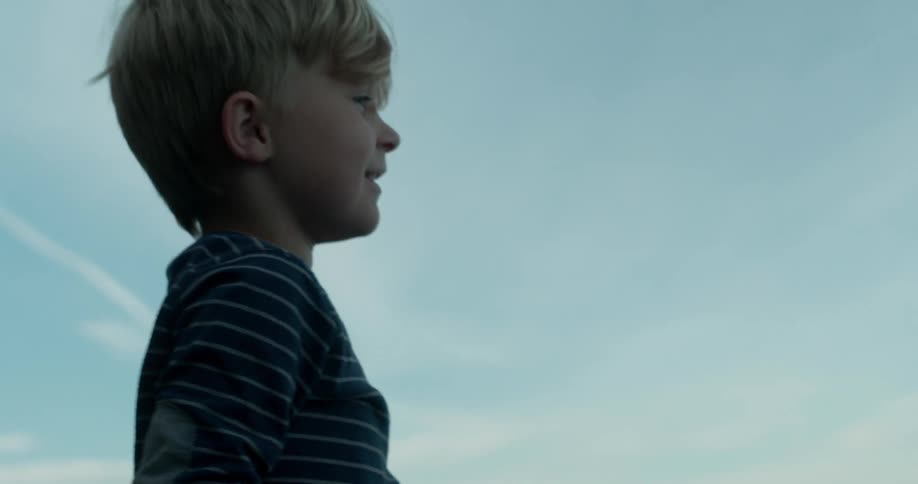 A boy watches a stick that is thrown towards a lake