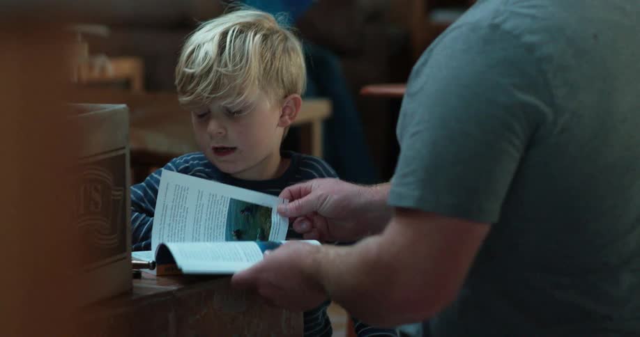 A man and boy look at a book in a library