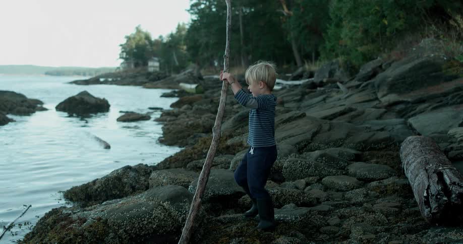 A boy holds a long stick next to a lake