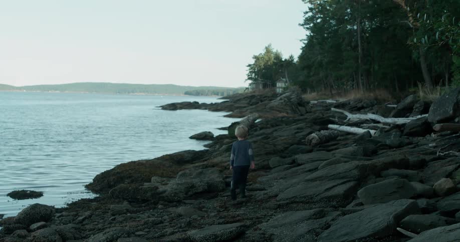 A boy is climbing over the rocks by the water