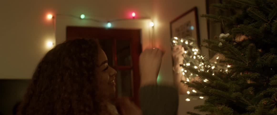 A group of friends decorate a christmas tree