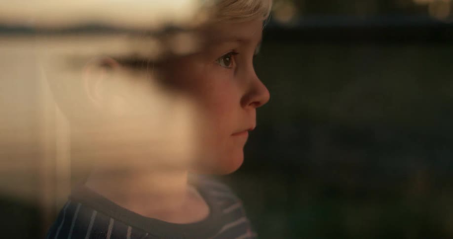A blond boy looks out of a window