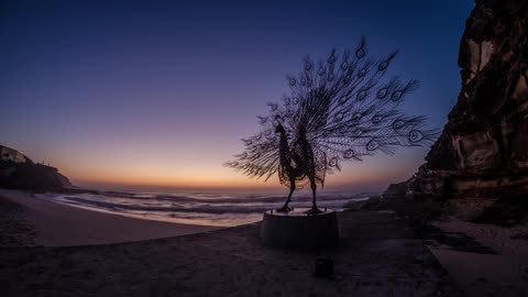 Time lapse video of ocean waves hitting the shore with the statue of a peacock in the foreground