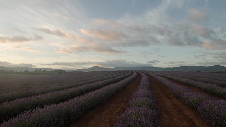 Lavender fields at sunrise, light striking plants