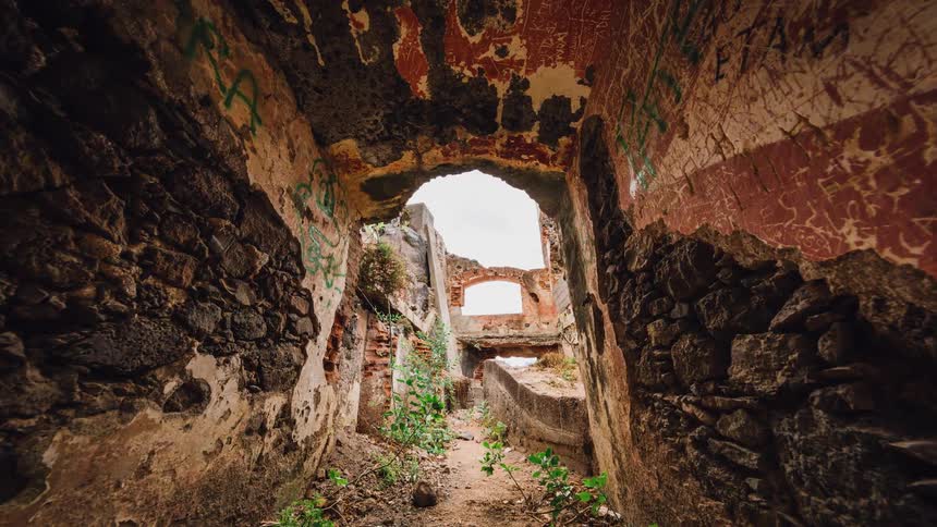 Ruins are filmed from inside