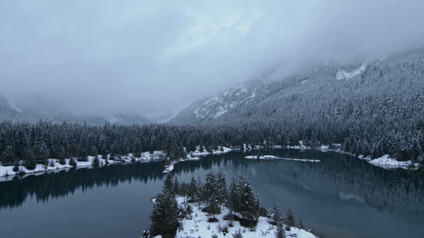 A drone films frozen trees and a lake