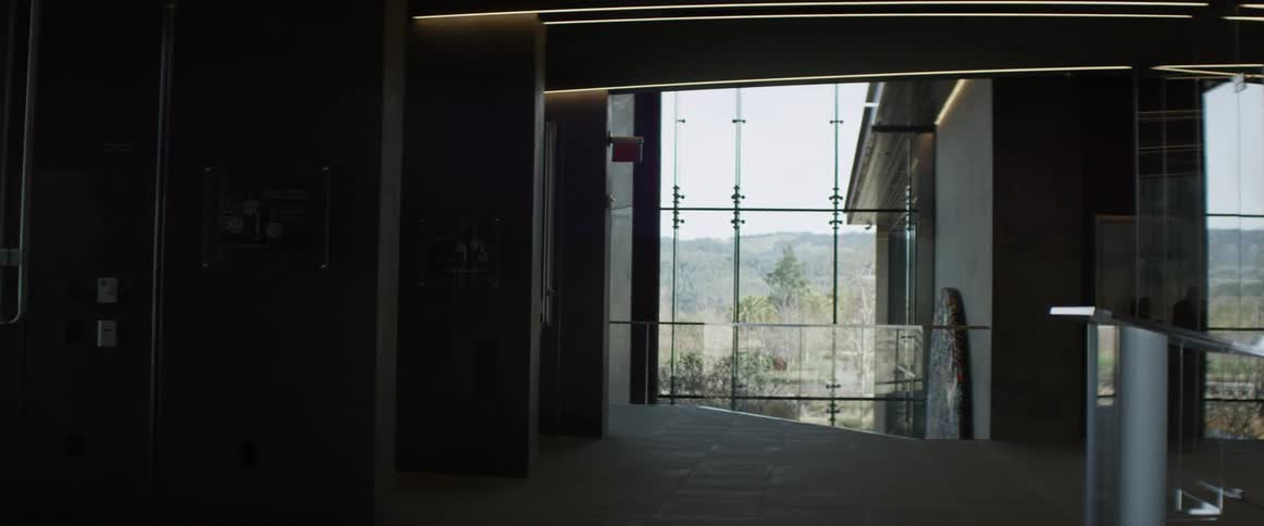 Trees are seen through a house window