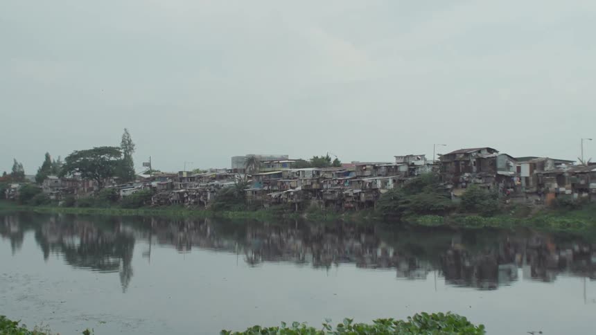 A bird flies over a river near a shanty town