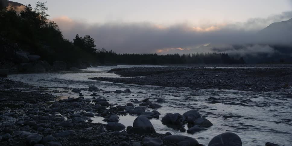 A rocky river near a forest