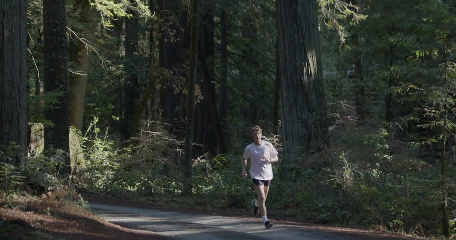 A person jogs on a path in the woods