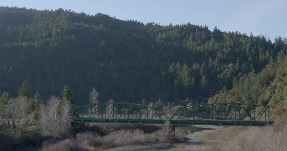 A landscape view of a bridge and a tree covered mountain in the background