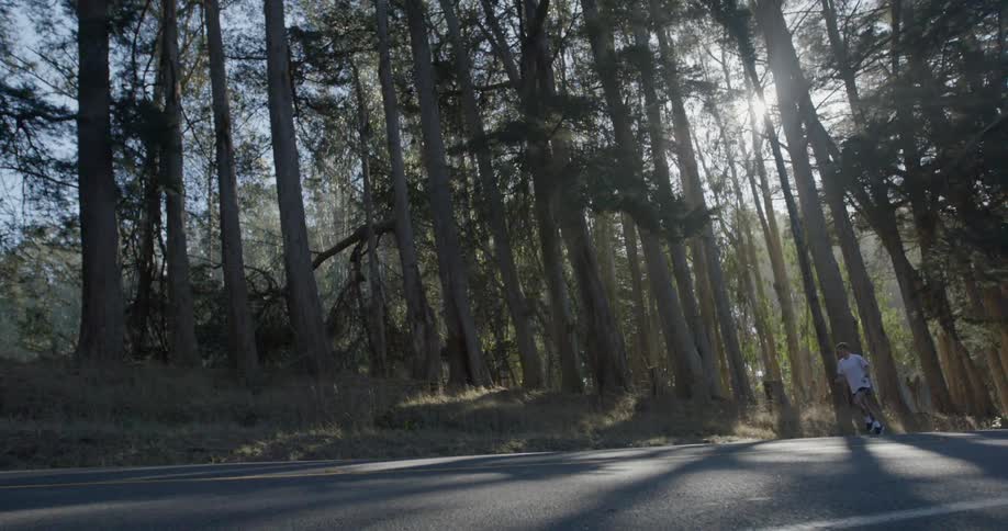 A jogger jogs along an asphalt road through the forest