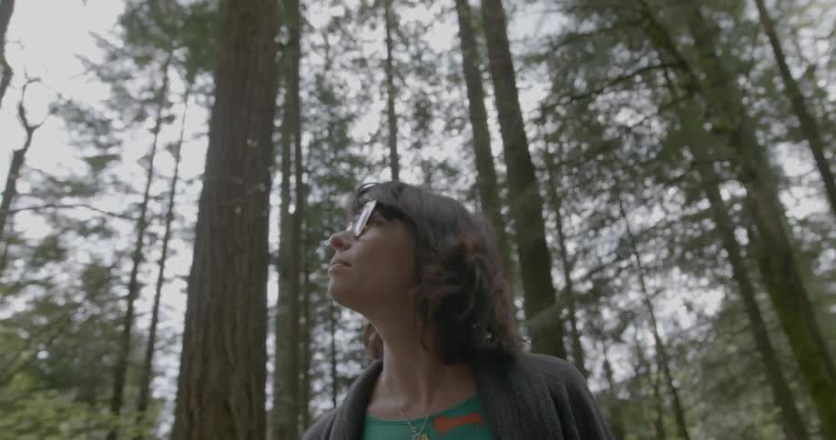 A woman is walking alone in the woods