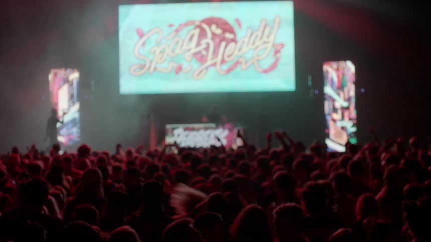 A concert crowd jumps up and down in front of the stage