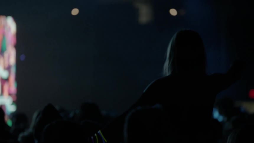 A woman sits on a person's shoulders at a concert and waves her arms