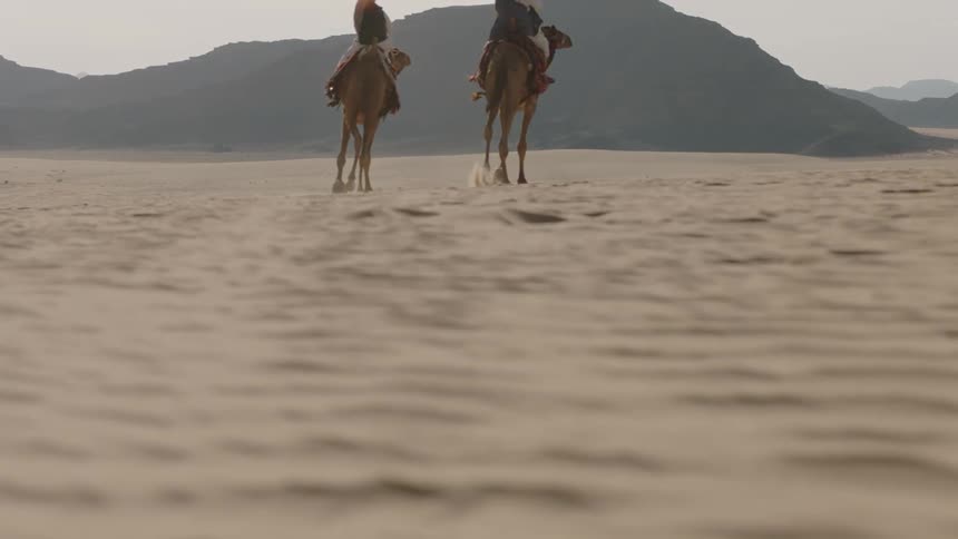 Two people ride camels side by side in the desert