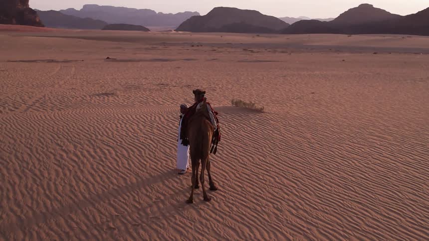 A man stands in the desert with a camel