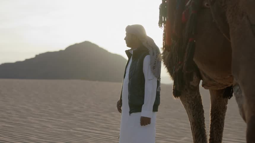 A man stands near a camel in the desert