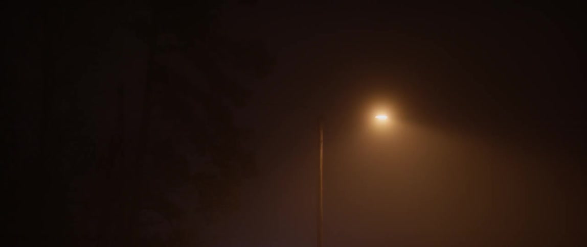 A street light is being filmed on an extremely foggy night