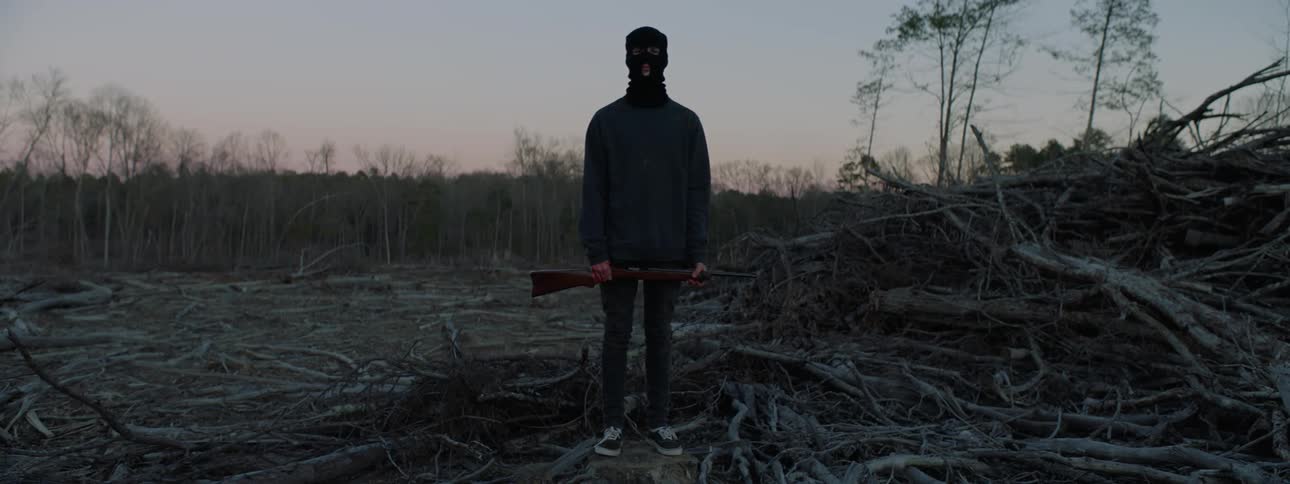 A man with a ski mask is holding a gun