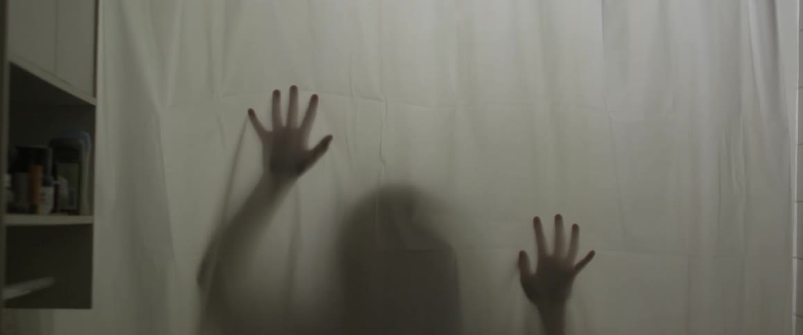 Person on the other side of a screen puts their hands on it