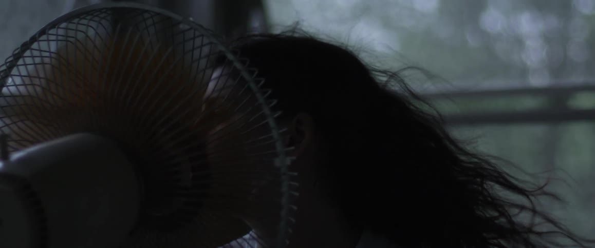 A woman has her face pressed against a fan