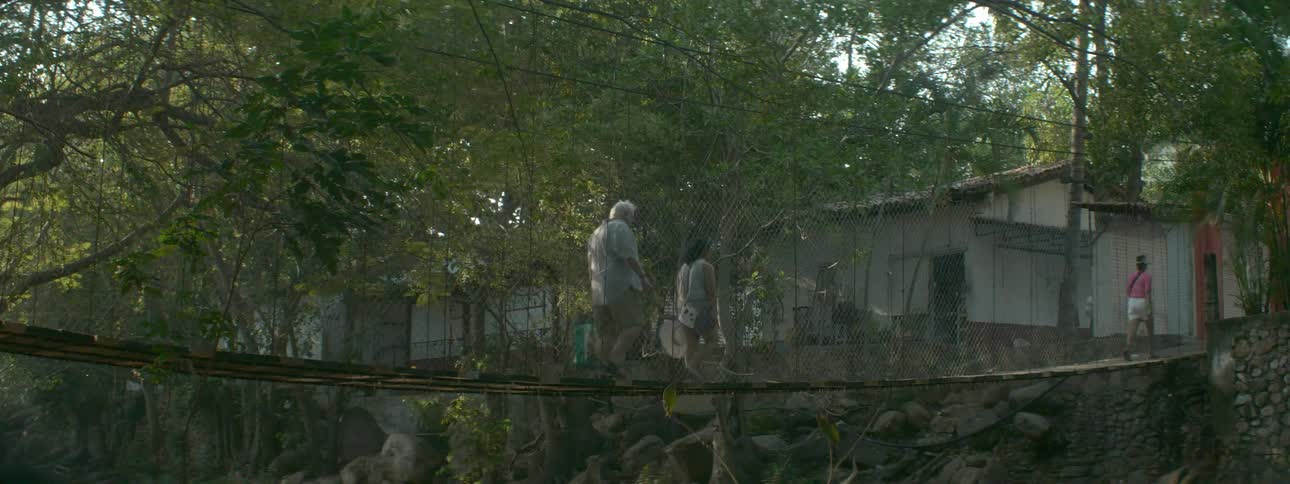 A few people are walking across a rope bridge in the woods