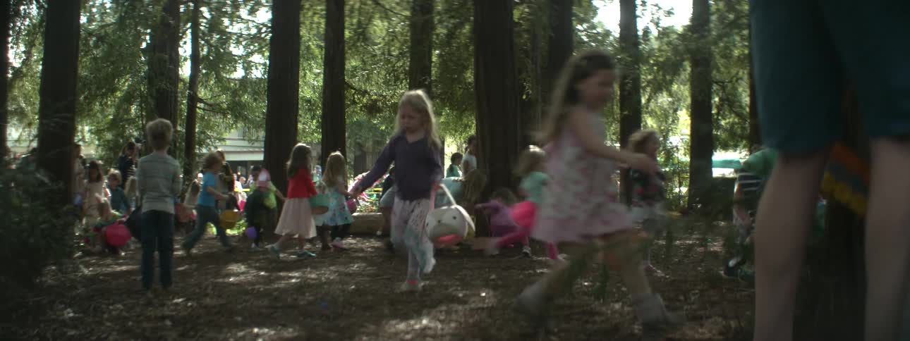 Kids easter egg hunting in the woods