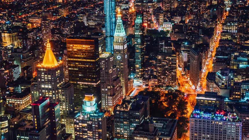 View of a city lit up at night