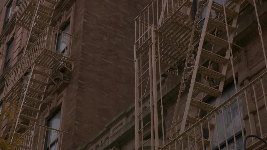 Fire escapes are hanging outside of apartment buildings