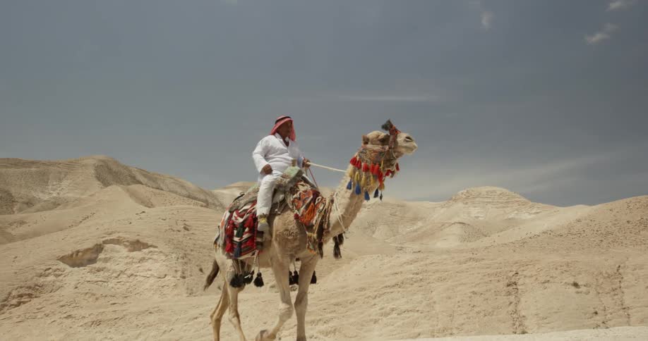 A man rides a camel in the desert