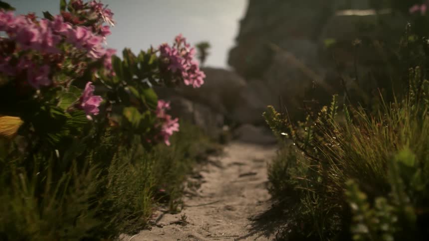 Small path surrounded by weeds and flowers leading to a rocky cliff